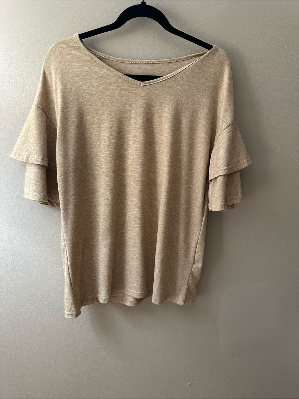 Beige Heathered V-Neck Ruffle Sleeve Top - Size L
